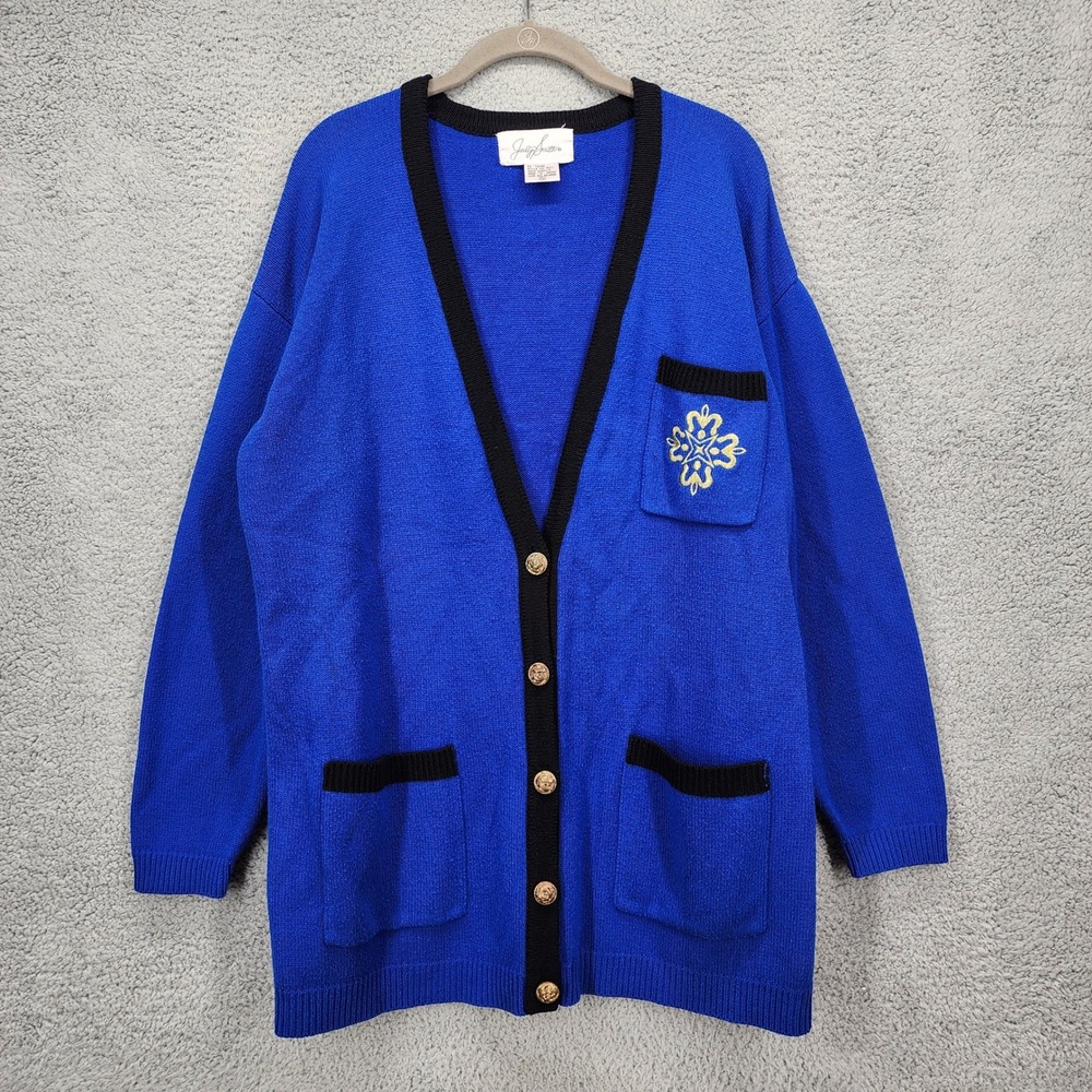 Jaclyn Smith Vintage Royal Blue Cardigan Gold Crest Buttons Black Trim Size M